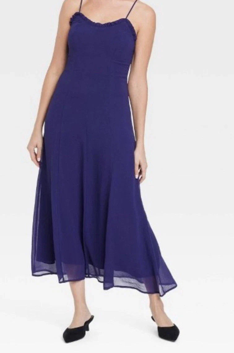 NEW XL A New Day Elegant Women's Chiffon Ruffle Maxi Dress Navy Blue