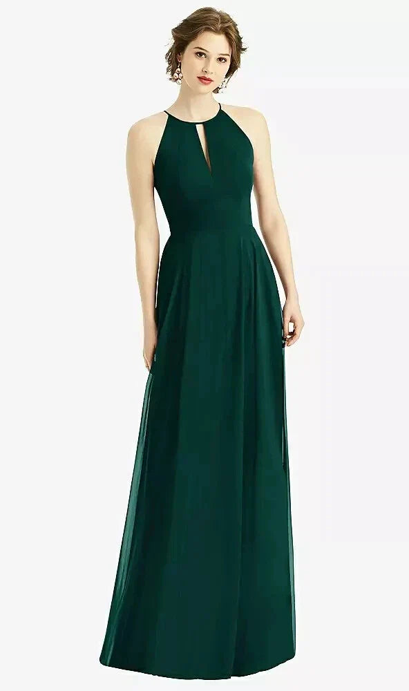 After Six 1502....Keyhole Halter Chiffon Maxi Dress...Evergreen...Size 16..NWT