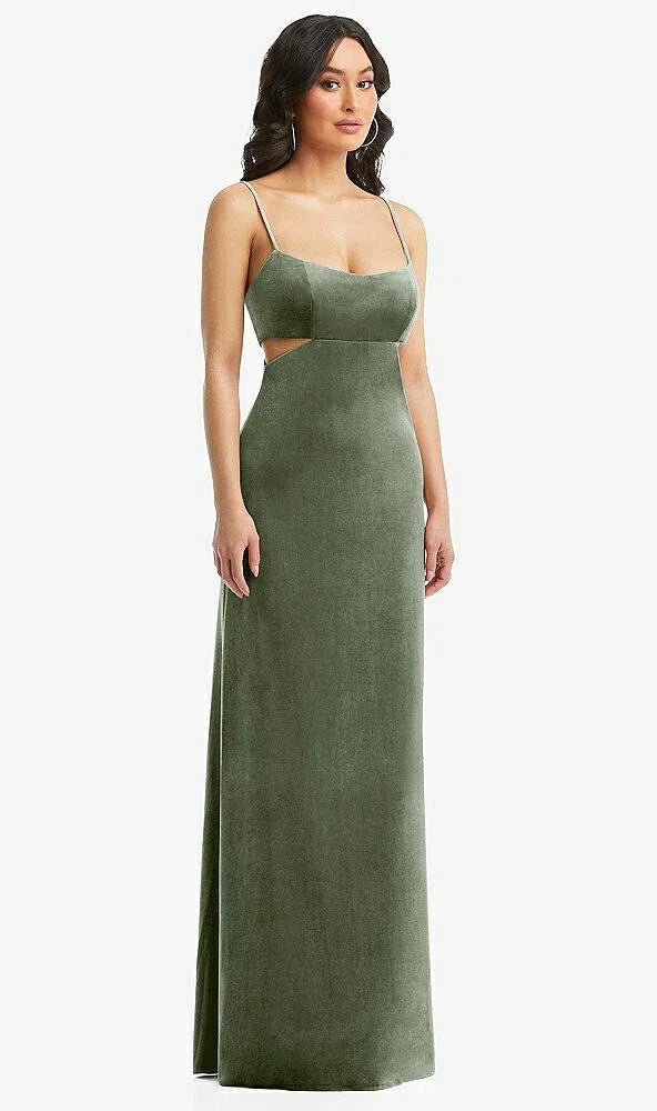After Six 6866..Spaghetti Strap Cutout Midriff Velvet Dress....Sage....Size XXS