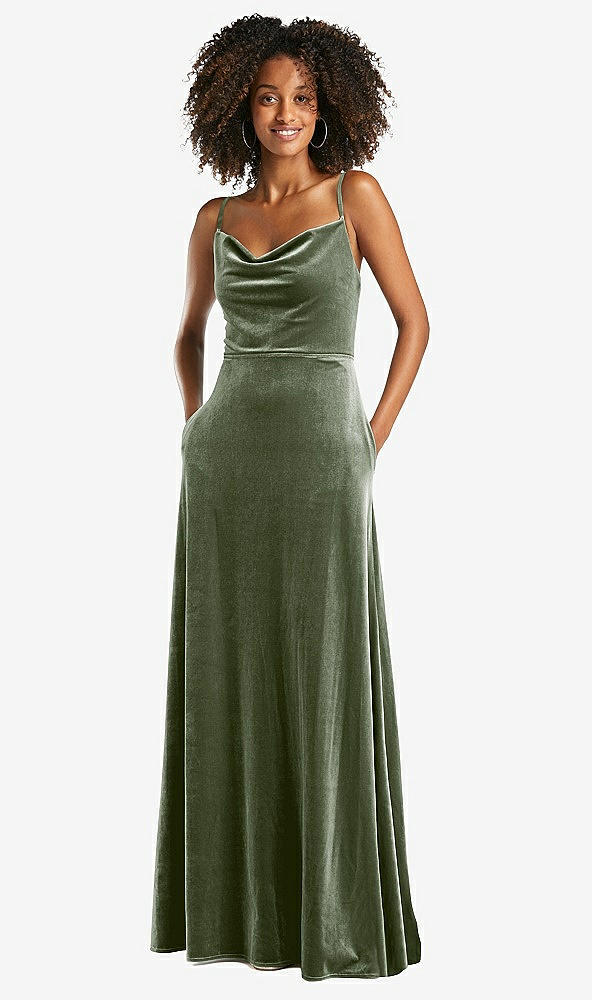 After Six 1541....Cowl-Neck Velvet Maxi Dress with Pockets....Sage...Sz 2
