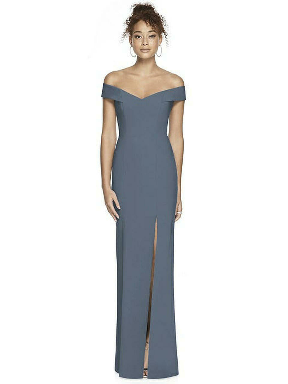 Dessy 3012...Off-the-Shoulder Criss Cross Back Trumpet Gown...Silverstone...Sz 2
