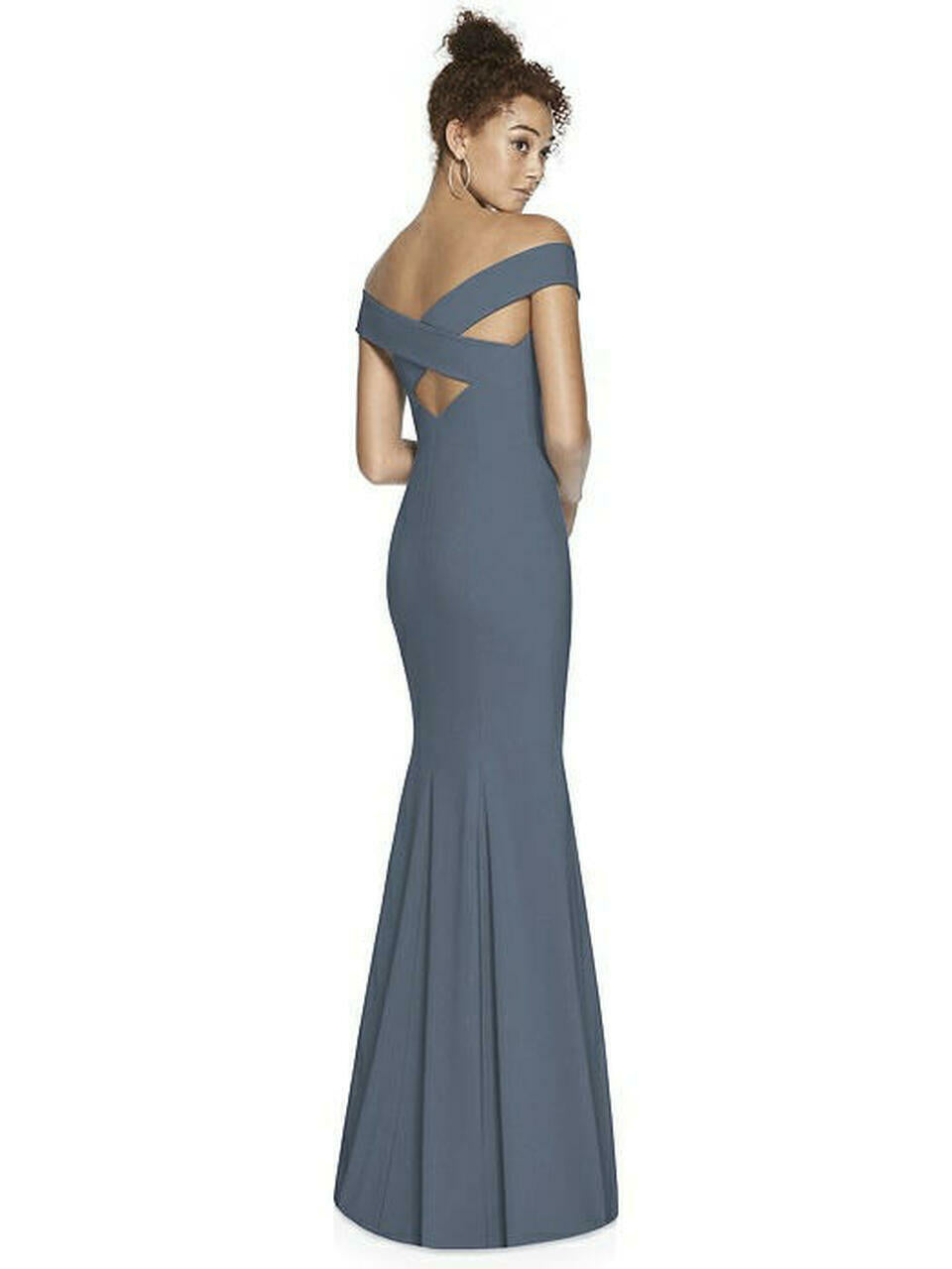 Dessy 3012...Off-the-Shoulder Criss Cross Back Trumpet Gown...Silverstone...Sz 2