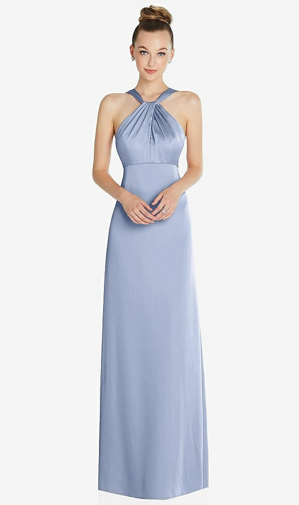 After Six 6855...Draped Twist Halter Low-Back Satin Empire Dress...Blue...Sz 12