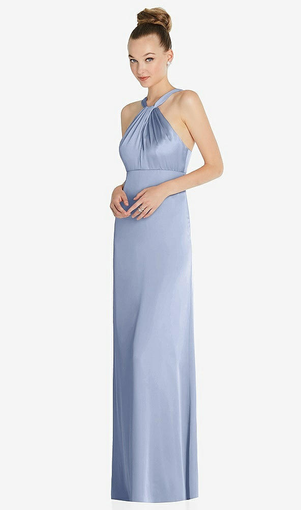 After Six 6855...Draped Twist Halter Low-Back Satin Empire Dress...Blue...Sz 12