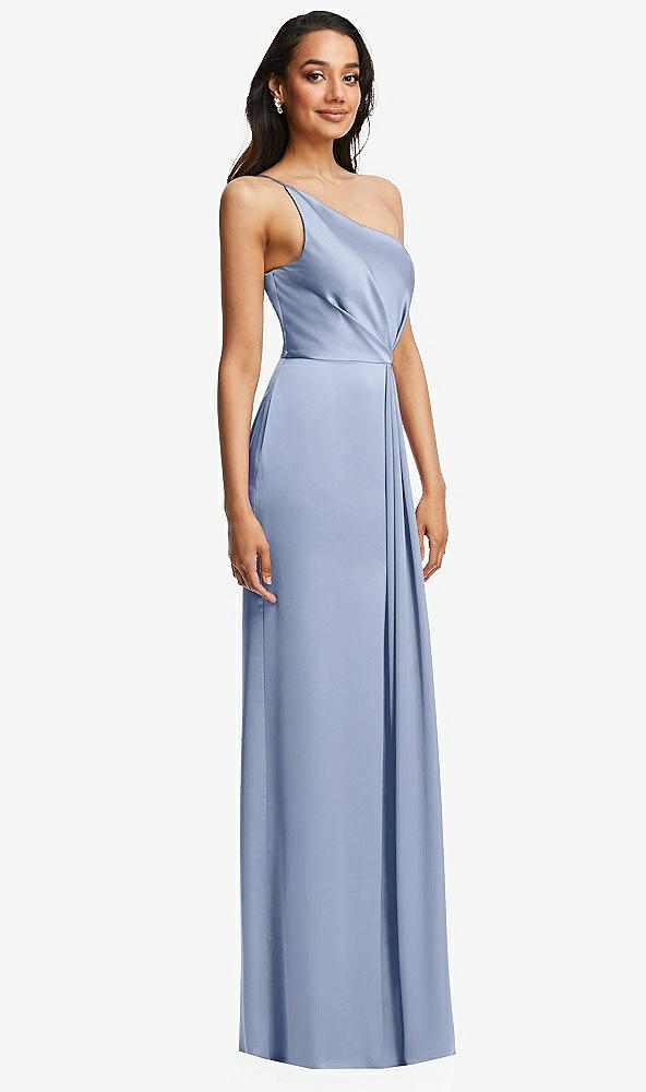 After Six 6878...One-Shoulder Draped Skirt Satin Trumpet Gown...Sky Blue..Sz 6