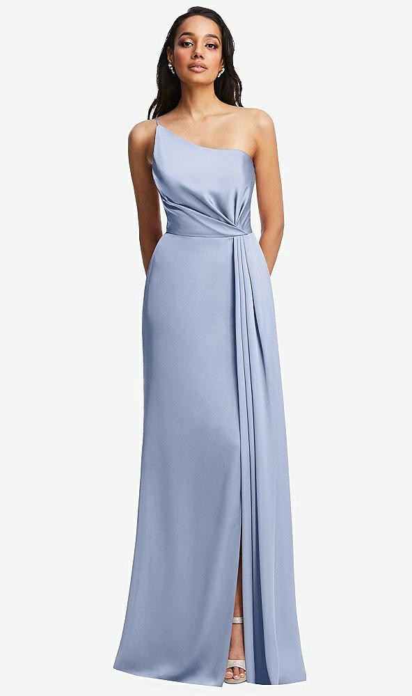 After Six 6878...One-Shoulder Draped Skirt Satin Trumpet Gown...Sky Blue..Sz 6