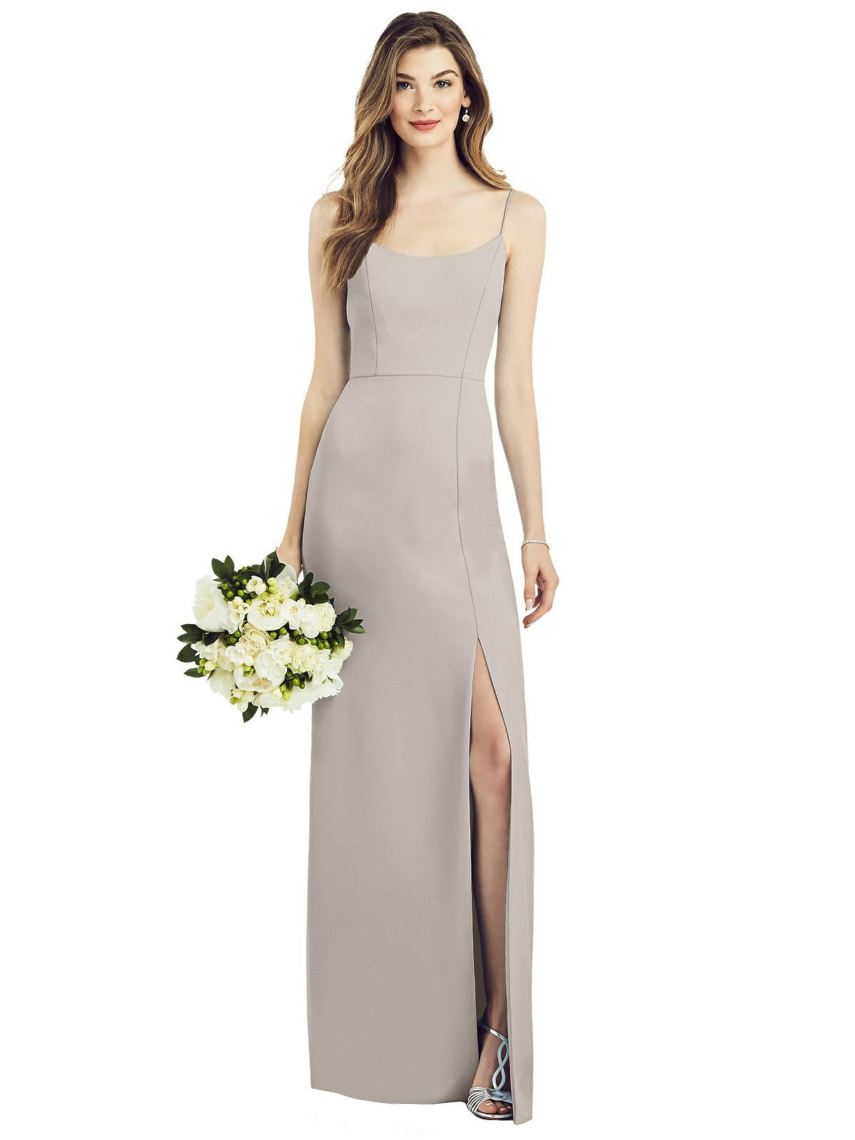 After Six 6822..Spaghetti Strap V-Back Crepe Gown with Front Slit...Taupe...Sz 2