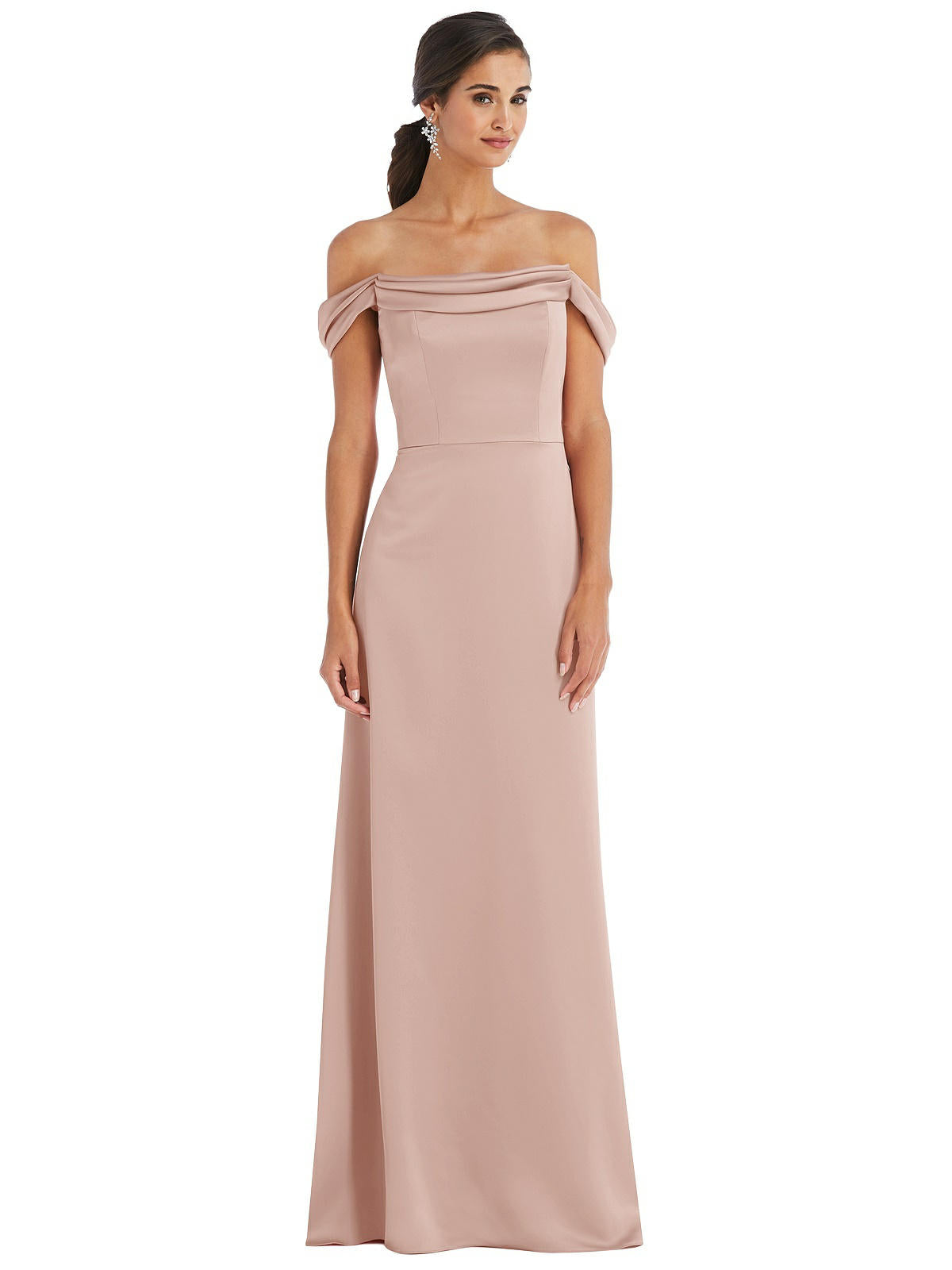 Dessy 3079....Draped Pleat Off-the-Shoulder Maxi Dress....Toasted Sugar...Sz 4
